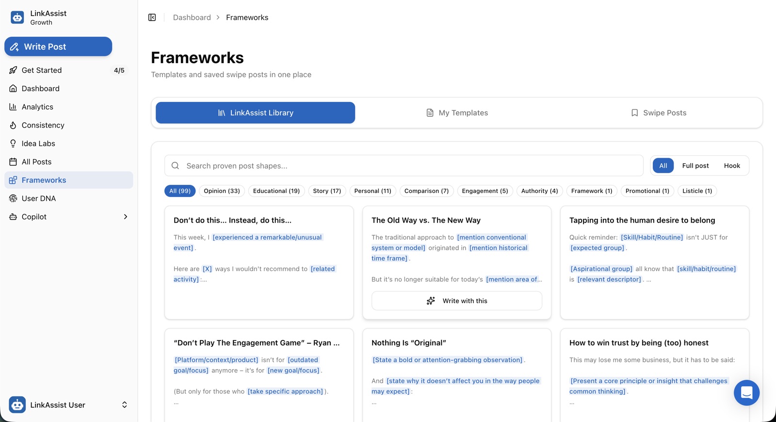 Frameworks and swipe file in LinkAssist