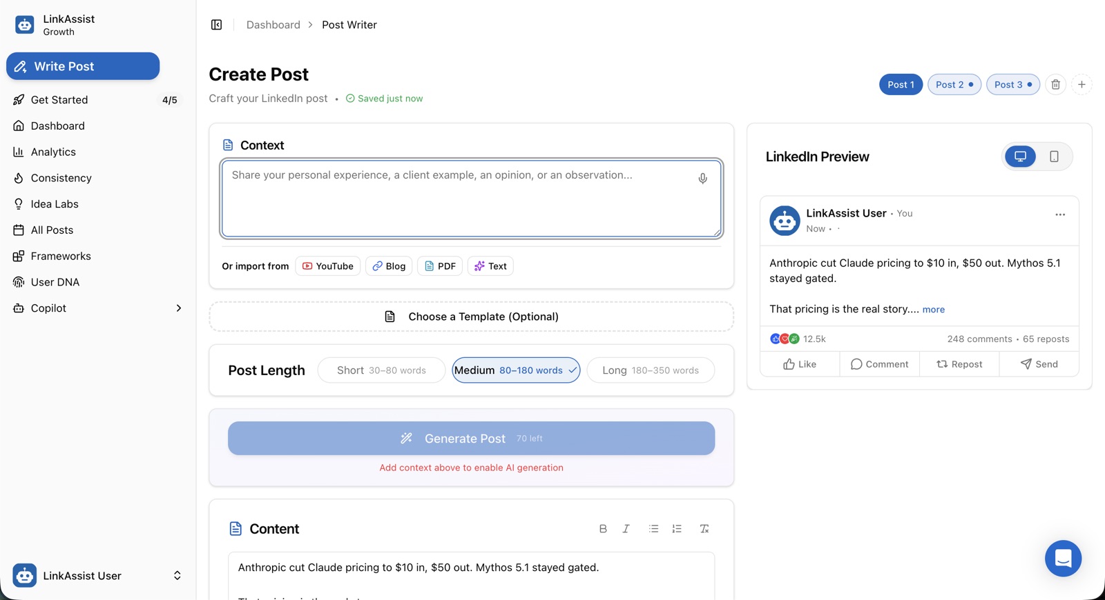 Post Writer in LinkAssist